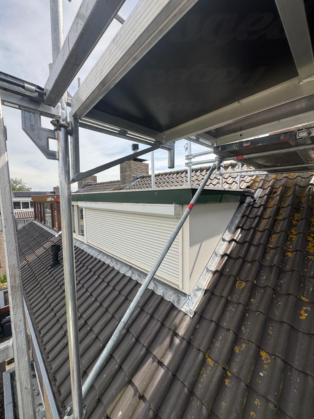 Aluminium daksteiger op dakpannen met uitzicht over de buurt